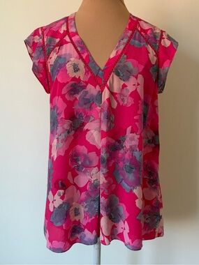 Rebecca Taylor Floral Silk V-Neck Cap Sleeves Lattice Lace Pink Blouse Top EUC 0